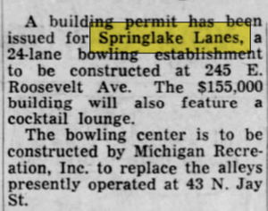 Springlake Lanes - Oct 02 1961 Permit Issues